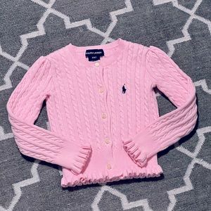 Cardigan Buttoned Down Cable Knit Sweater w/ Ruffles and Embroidered Navy Logo